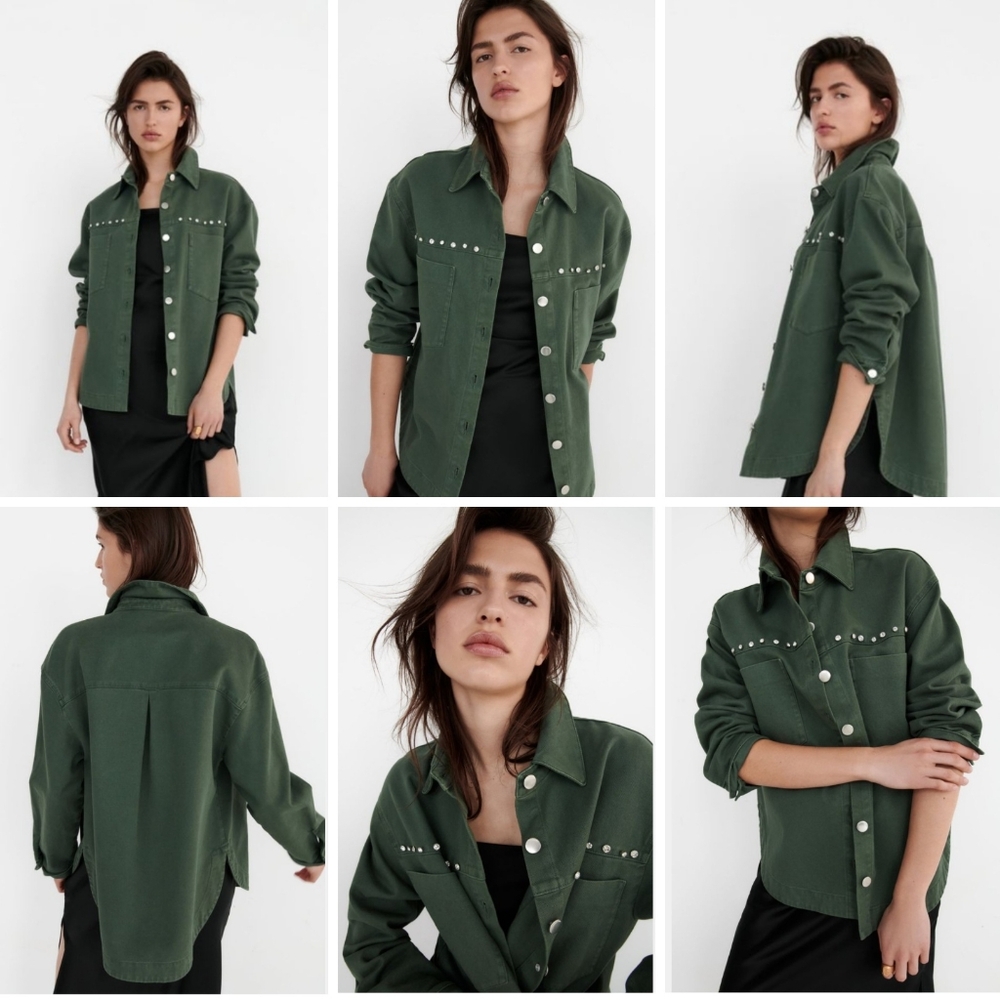 NWT Zara Button Down Cotton Overshirt With Jewel Applique - Picture 2 of 14